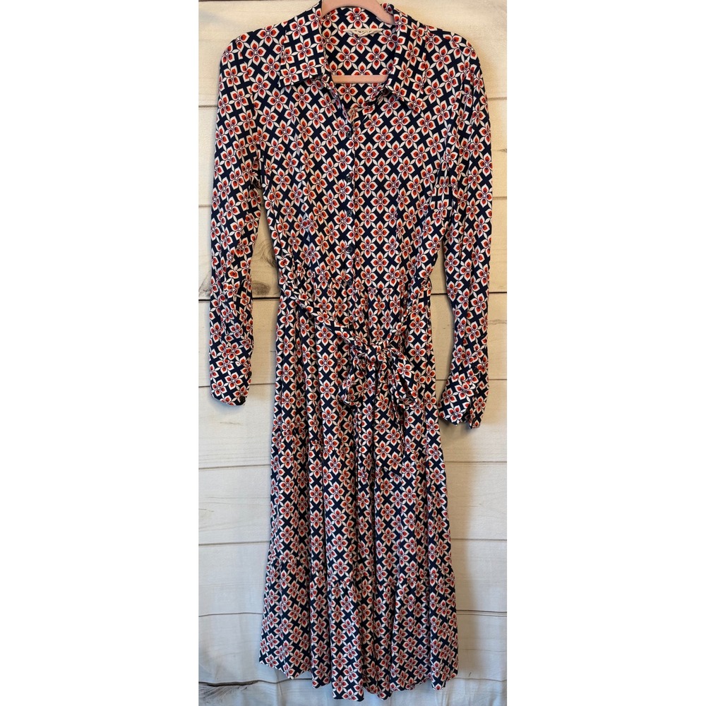 Boden Navy Red Geometric Floral Tiered Shirt Dress US 10R D0968